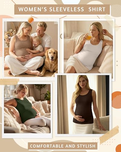 Ficerd 4 Pack Women's Maternity Tank Cotton Tops - color: Coffee, Army Green, Apricot, Light Coffee, size: Medium