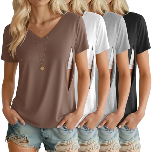 4 Pack Women's Nursing Maternity Shirts - color: Black, Light Gray, White, Coffee, size: XX-Large