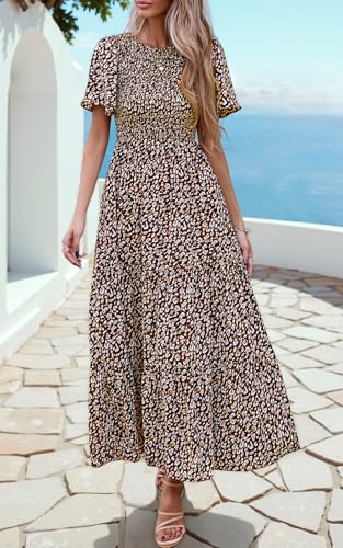 PRETTYGARDEN Women's 2026 Summer Casual Flutter Sleeve Floral Maxi Dress - color: Black Leopard, size: Small