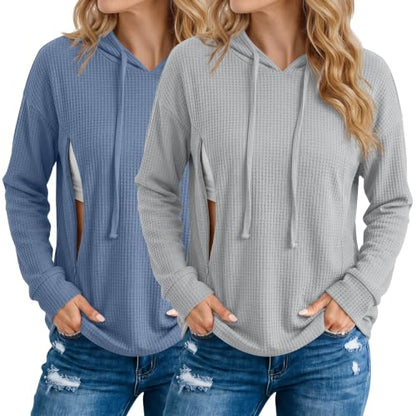 Ficerd 2 Pack Women's Nursing Waffle Hoodies Breastfeeding Tops - color: Light Gray, Haze Blue, size: Small
