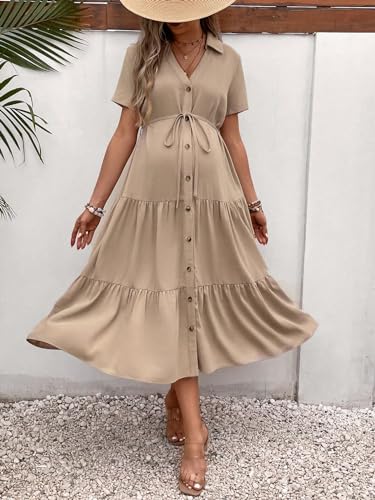 OYOANGLE Women's Maternity Button Belted Dress - color: Khaki, size: Medium