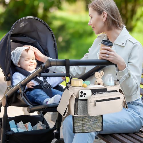 Accmor Universal Stroller Organizer with Insulated Cup Holder - color: All Off White/Detachable Diaper Pocket
