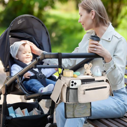 Accmor Universal Stroller Organizer with Insulated Cup Holder - color: All Off White/Detachable Diaper Pocket