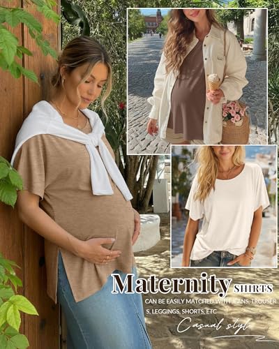 Riyiper 3 Pack Women's Maternity Tunic Cotton Shirts - color: Cream, Khaki, Coffee, size: Large
