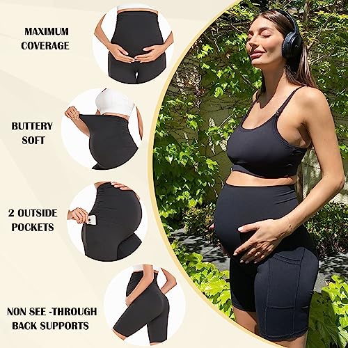 GROTEEN 3 Pack Women's Maternity Shorts with Pockets Over the Belly - color: Black/Navy Blue/Leopard Print, size: Medium