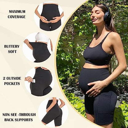 GROTEEN 3 Pack Women's Maternity Shorts with Pockets Over the Belly - color: Black/Blackish Green/Pink, size: Medium