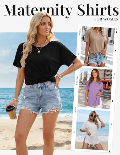 Ekouaer 4 Pack Maternity Shirts Short Sleeve Pregnancy Casual Tunic Tops - color: Black/Khaki/Light Purple/White, size: Medium
