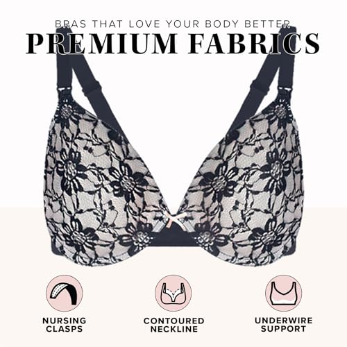 LEADING LADY, Loving Moments Lace Nursing Bra, Underwire, One Hand Nursing Clasps, Fold-Down Cups, Everyday Bra - color: Black/Beige, size: 36D