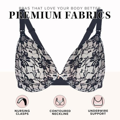 LEADING LADY, Loving Moments Lace Nursing Bra, Underwire, One Hand Nursing Clasps, Fold-Down Cups, Everyday Bra - color: Black/Beige, size: 36D
