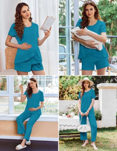 Ekouaer 3 PCS Maternity Nursing Pajamas Set Postpartum Breastfeeding PJS - color: Peacock Blue, size: Medium