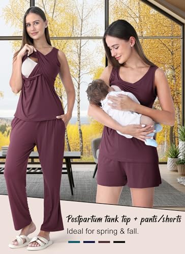 Rnxrbb 4PCS Year-Round Nursing Pajamas Robe Set Postpartum Breastfeeding Pj - color: Deep Purple, size: Medium