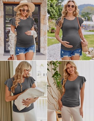Ekouaer Maternity Shirts 3 Pack Flying Short Sleeve Tops Pregnancy Clothes - color: Dark Grey / Black / Light Grey(3pcs), size: Large