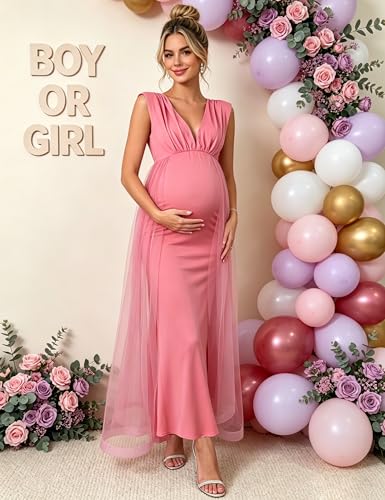 Maternity Maxi Dress V Neck Sleeveless Tulle Overlay Formal Gown - size: Medium