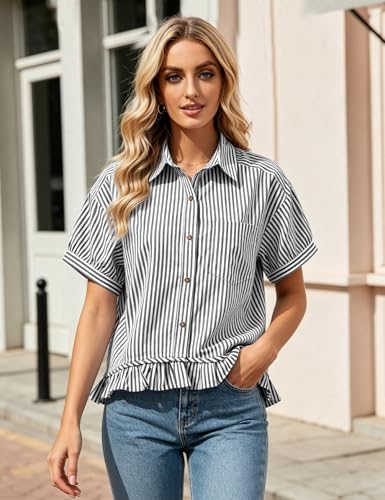 Flygo Womens Cropped Striped Button Down Shirts Ruffle Peplum Tops - color: Black, size: Small