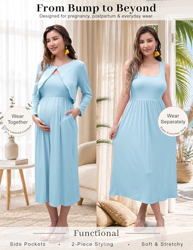 2 PCS Maternity Dress with Cardigan Set, Tank Maxi Pregnancy Dresses - color: Dusty Blue, size: Large