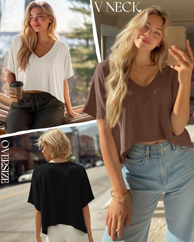 Huukeay 3 Pack Women's Oversized V Neck T Shirts - color: Cream, Coffee, Black, size: Large