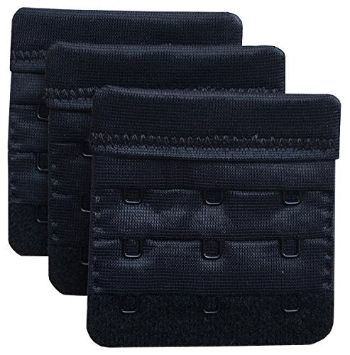Women Pack of 3 Soft Comfortable 3 Hooks Bra Extender,2.4"x 2.3" - color: Black, 3/4 Inch Spacing
