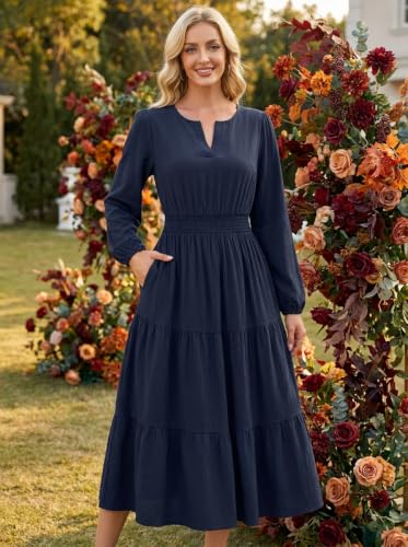 GRECERELLE Casual Fall Dresses for Women Long Sleeve Wedding Guest Dresses - color: Navy Blue, size: Large