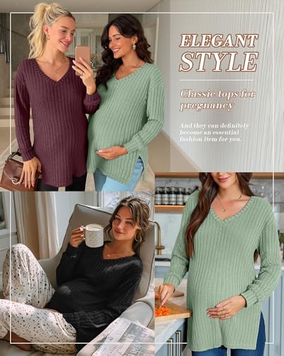 3 Pack Women Ribbed Maternity Sweaters Winter Clothes - color: Black, Burgundy, Light Green, size: Small