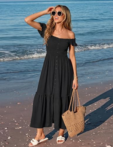 Women Summer Casual Midi Dress Square Neck Button Down Smocked Ruffle Strap Flowy Split Beach Sundress Pockets - color: Black, size: Small