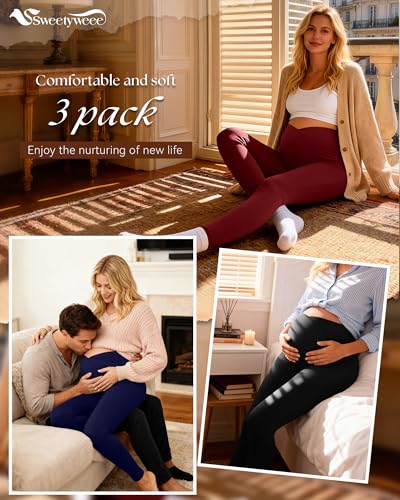 3 Pack Women's Maternity Leggings Pregnancy Pant - color: Black, Navy Blue, Burgundy, size: Medium