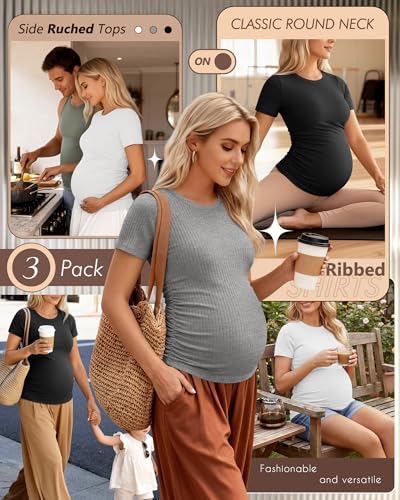Ficerd 3 Pack Women's Short Sleeve Maternity Shirts - color: Light Gray, White, Black, size: XX-Large