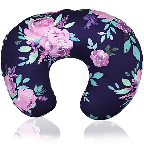 Purple Floral Nursing Pillow Cover, Breastfeeding Pillow Slipcover for Baby Boys & Girls, Nursing Pillow Case for Newborn, Soft Fabric Fits Snug On Infant, Washable & Breathable, Watercolor Flower - color: Purple Grey Flower
