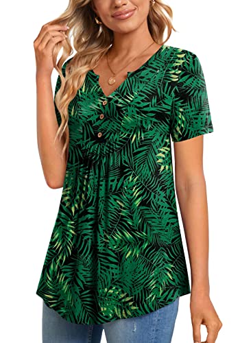 CATHY Womens Short Sleeve Tunic Tops Henley Shirt V Neck Button Up Blouse Casual Pleated Basic Pullover - color: Green Leaf-black, size: Medium