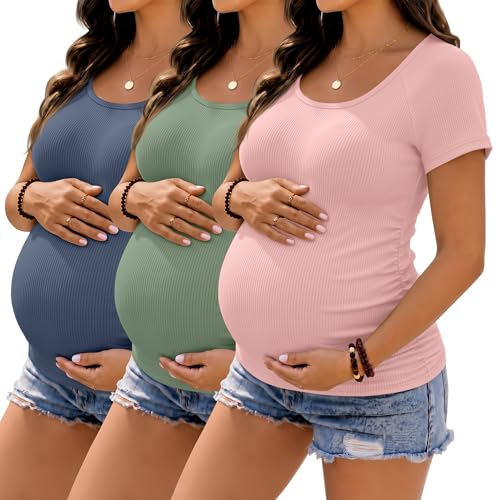 3 Pack Women's Maternity Tops - color: Pink, Gray Green, Hazy Blue, size: Medium