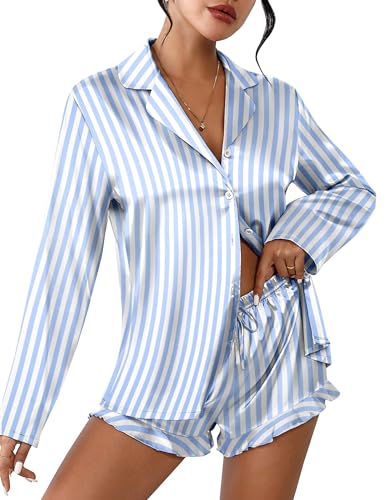 Ekouaer Womens Satin Pajama Sets Cute Button Down Silk Pjs with Ruffle - color: Striped Blue, size: Small