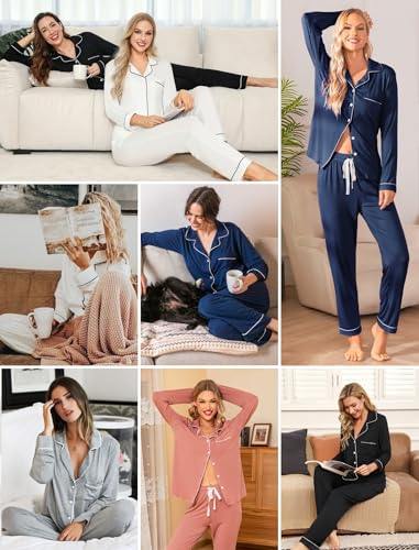 Leikar Button Up Pajamas For Women Long Sleeve Viscose Soft Pjs Lounge - color: Bean Paste, size: X-Large