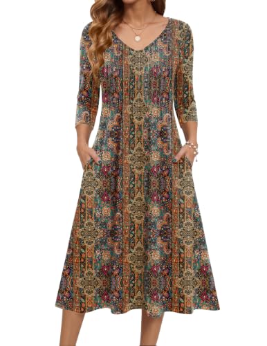 Zeagoo 3/4 Sleeve Women's Dress Pleated Midi Casual Dresses with Pockets - color: Ethnic Prints, size: Medium
