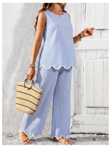 RoseSeek Women's Maternity 2 Piece Outfits Tank Top and Wide Leg Pants - color: Blue and White, size: Medium