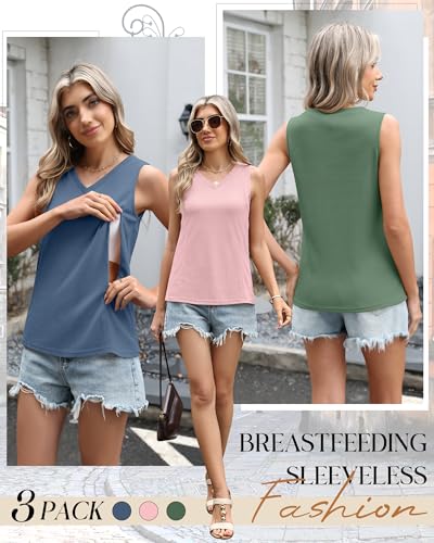 3 Pack Women's Waffle Nursing Tank Tops - color: Green, Pink, Haze Blue, size: Medium