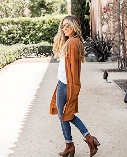 Tickled Teal Women's Long Sleeve Knit Open Front Sweater Cardigan with Pockets - color: Burnt Orange, size: Medium