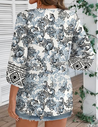 Rapbin Women Summer Boho Tops 3/4 Sleeve Pleated Blouses Casual V Neck Tie Front Spring Tunic Tops - color: Black Flower, size: Large