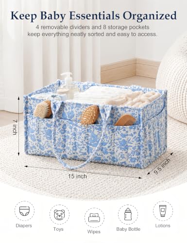 Quilted Diaper Caddy Organizer with Handle, Portable Nursery Storage Basket - color: Blue‌ Flower