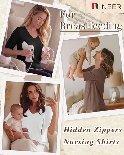 Neer 3 Pack Women's Nursing Shirts Breastfeeding Tops - color: Brown, White, Black, size: Large