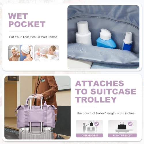 Travel Duffel Bags for Women,Carry-On Weekender Overnight Bag - color: Light Purple, size: Extra Large