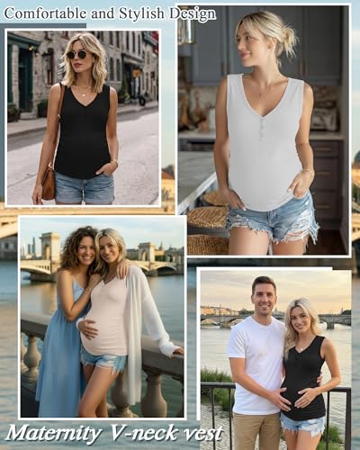 3 Pack Women Maternity Henley Tank Tops - color: Black, White, Apricot, size: X-Large