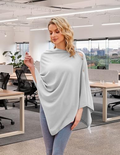 PULI Women's Versatile Knit Shawl Poncho Sweater Button Scarf - color: Light Smoky Gray