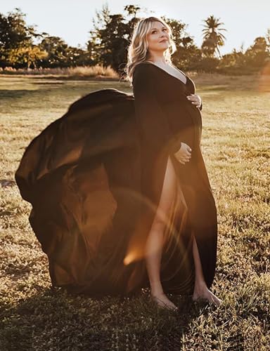 Long Sleeve Maternity Dress for Photoshoot Plus Size - color: 11 Black, size: Large