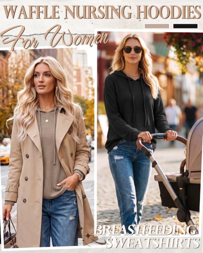 Ficerd 2 Pack Women's Nursing Waffle Hoodies Breastfeeding Tops - color: Coffee, Black, size: Small