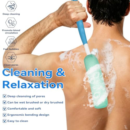 Back Scrubber for Shower,15.35"Curved Body Brush with Anti Slip Long Handle - size: Black+Pink Handle (Medium)