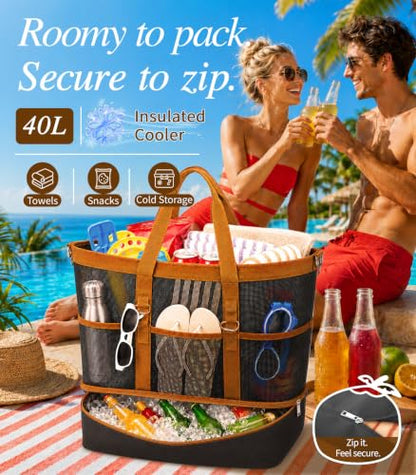 2-in-1 Mesh Beach Bag with Cooler for Women, Extra Large Beach Tote with Zipper, 11 Pockets, Adjustable Shoulder Strap - color: Black and Brown