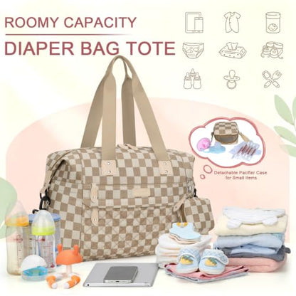 Pritent Diaper Bag Tote Waterproof Maternity Baby Bags with Pacifier Case - color: Plaid, size: Medium