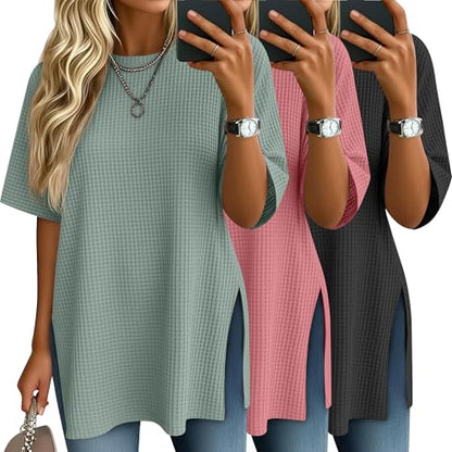 3 Pack Womens Oversized Waffle Knit Tops - color: Black, Brick Red, Gray Green, size: Large