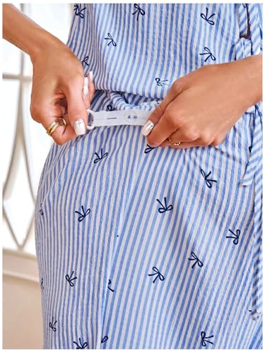 MakeMeChic Women's Maternity Summer 2 Piece Outfits Pregnancy Boho Vacation Striped Bow Top and Pants Set - color: Blue and White, size: XX-Large