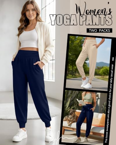 Locoowai 2 Pack Women's Yoga Sweatpants with Pockets - color: Apricot, Navy Blue, size: Medium