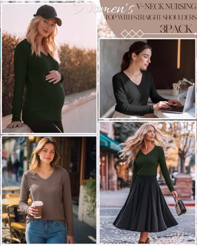 Huukeay 3 Pack Women's Waffle Knit Nursing Shirts - color: Coffee, Army Green, Black, size: Medium